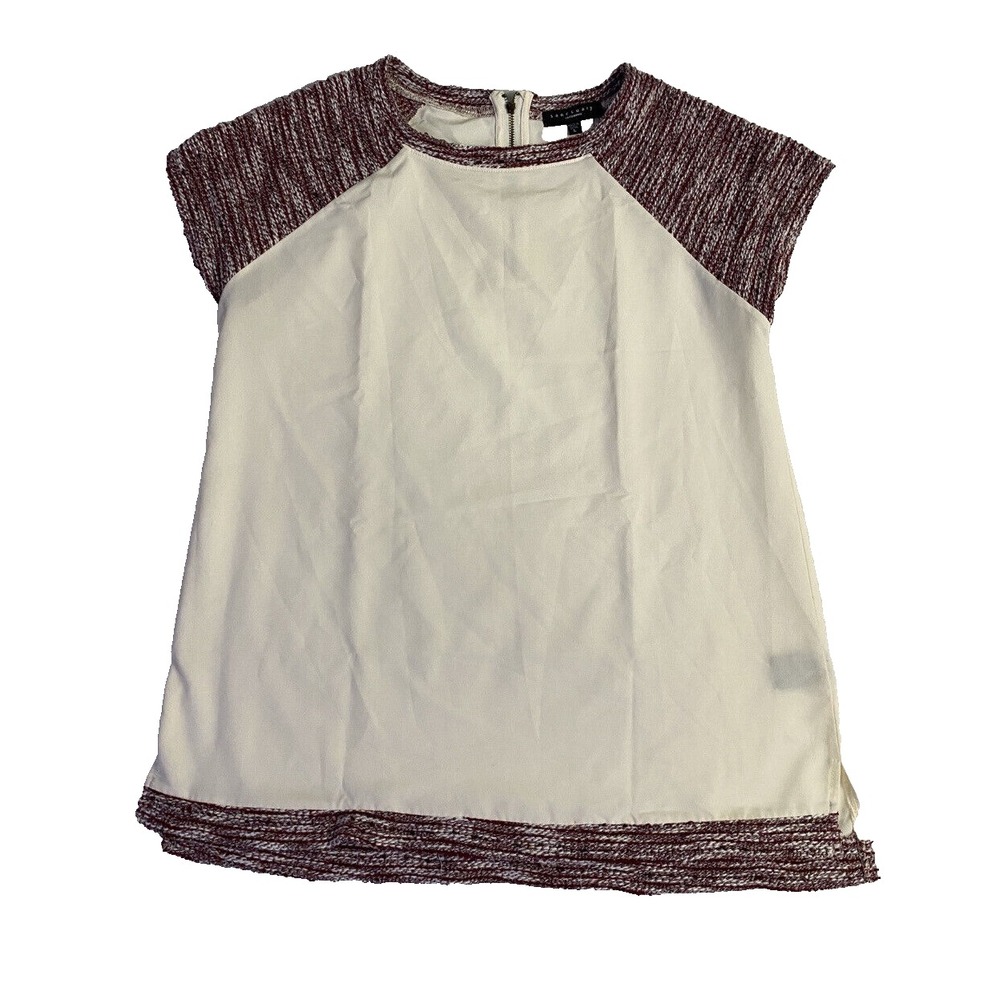 Sanctuary Women's L Blouse Red Sleeves Beige Knit Top Zip Back